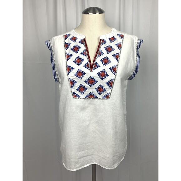 J.CREW Tops - J Crew Womens White Blue Red V Neck Linen Short Sleeve Top 4 Petite